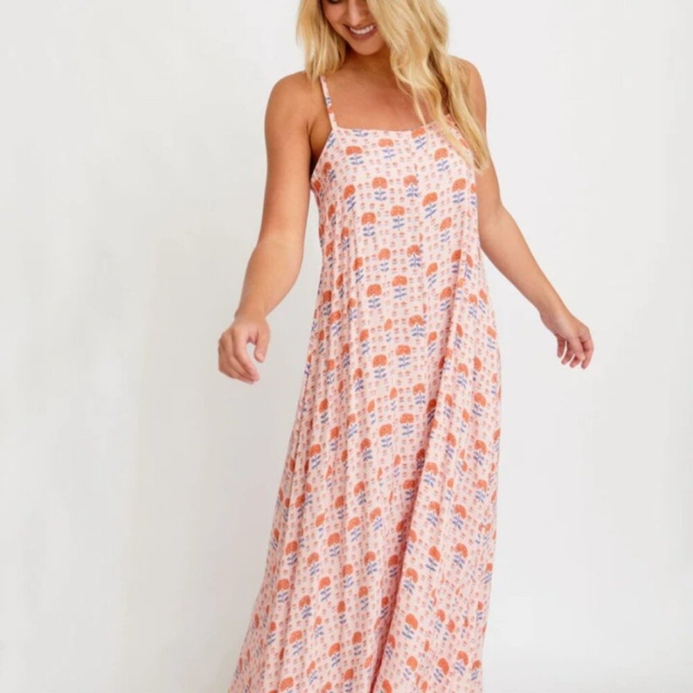 Citrine Swim Lizzie Dress Coral Block Print Floral Maxi Dress Large NEW - Picture 1 of 7